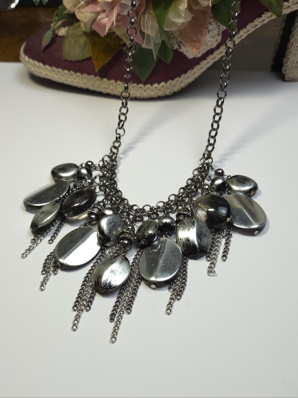 Premier Design Black & Silver Cluster Beaded Chain Dangle Necklace